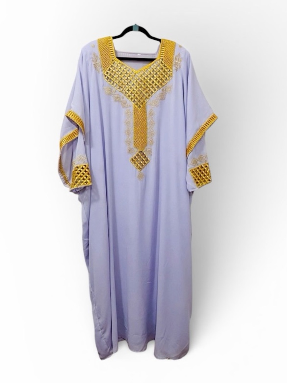 Elegant Gold Embroidered Kaftan Retro Robe, Lilac Color